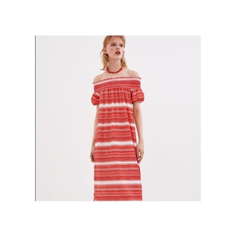 Zara Size Small Red White Striped Off The Shoulder Smocked Bardot Midi Dress